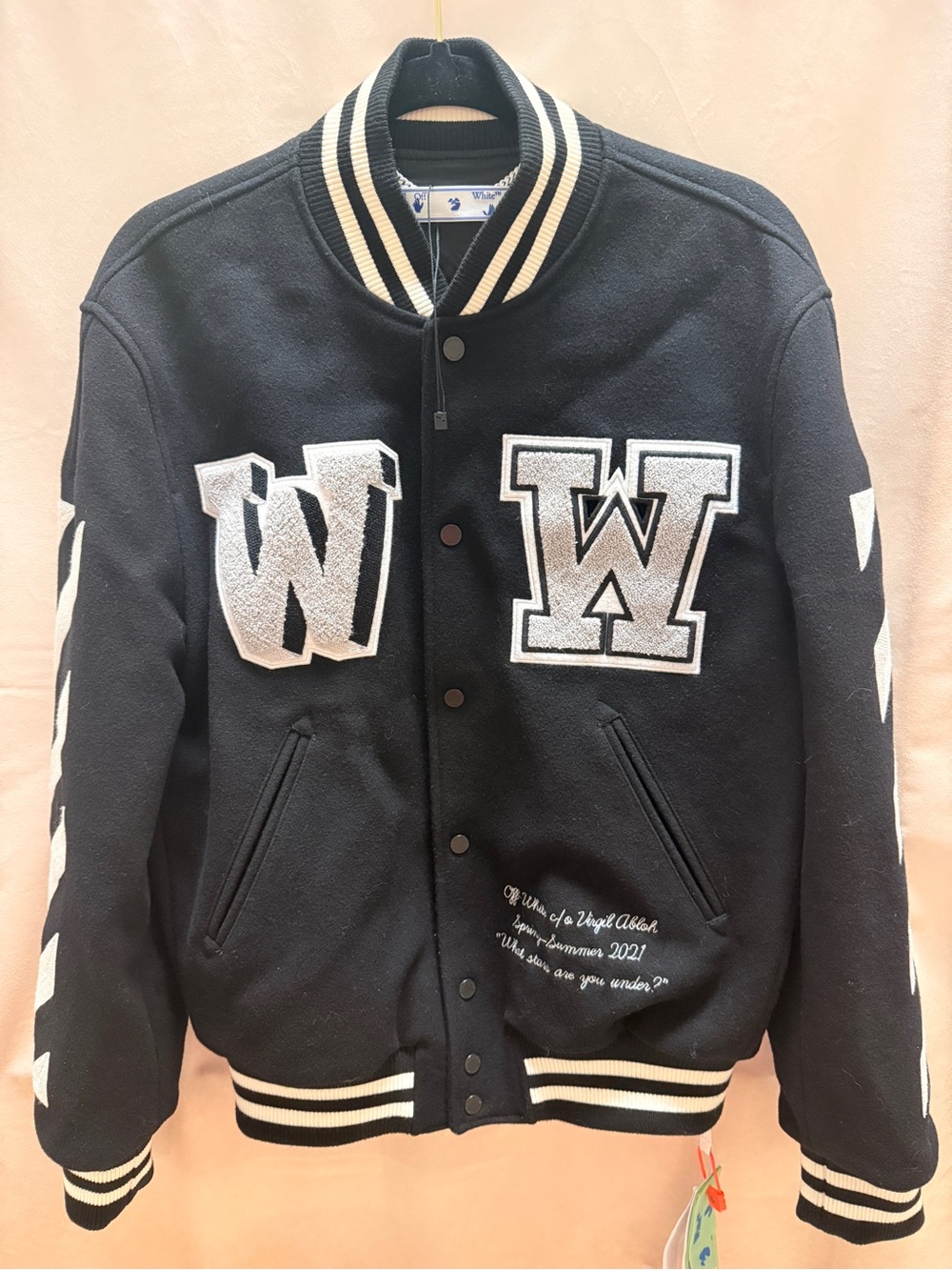 NWT Authentic Off White c/o Virgil Abloh S21 Diag Varsity Jacket Black/White